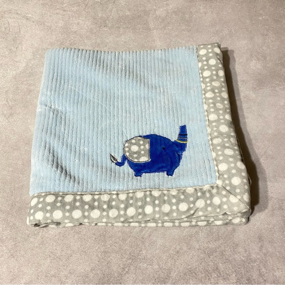 Chick Pea Blue Gray Ribbed Trim Baby Blanket Soft Plush Solid Elephant 30x30